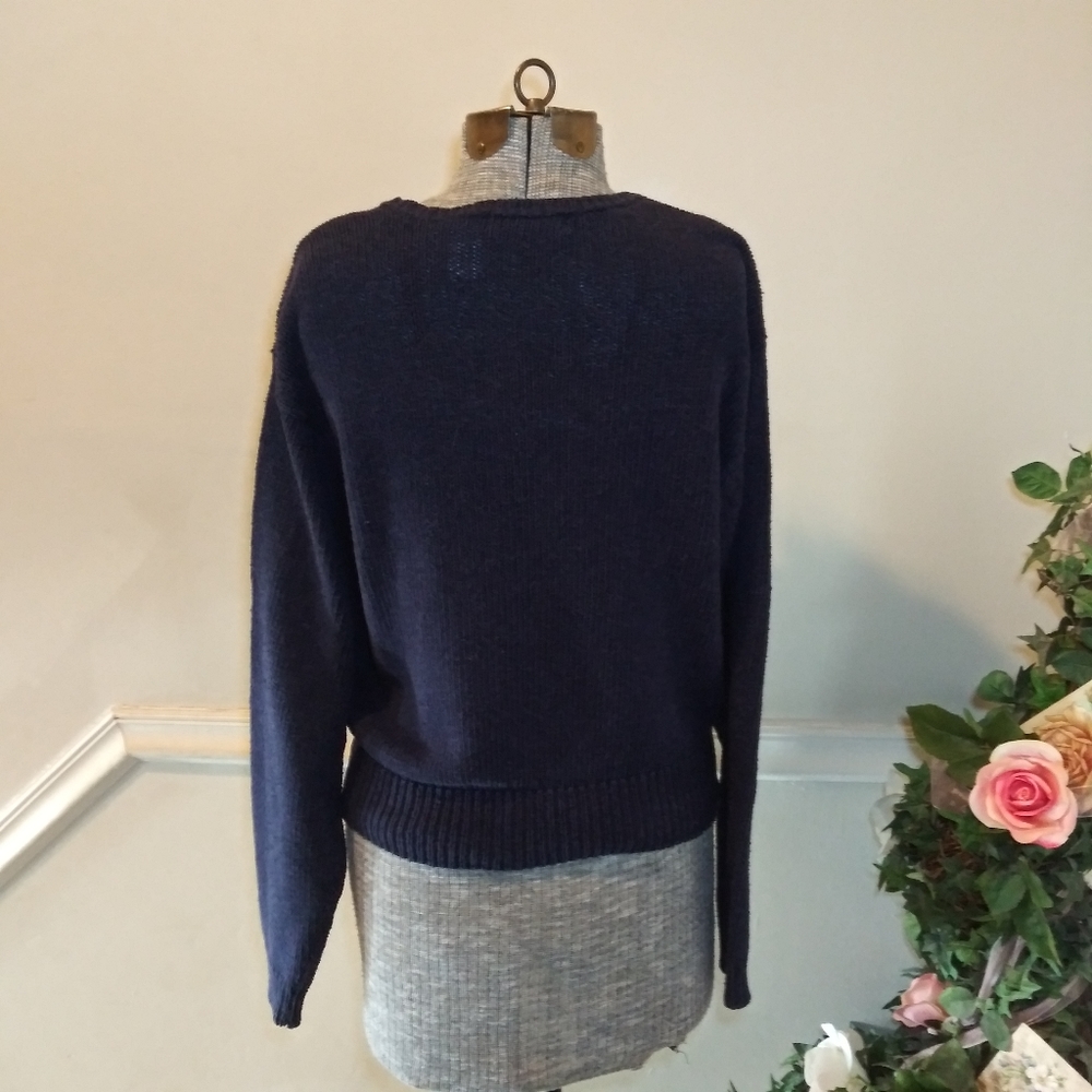 Vintage 1980's Liz Claiborne Navy Floral Embroidered Silk & Cotton Sweater - Picture 5 of 8